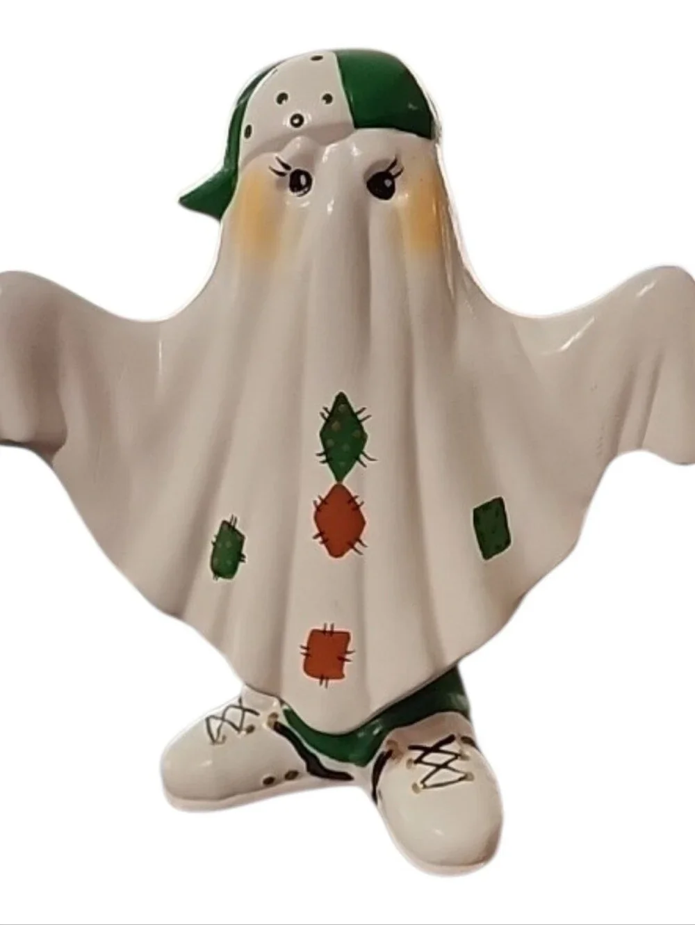 Vintage Ceramic Patchwork Halloween Ghost Wobbler Figurine Spring-Leg Bobbler